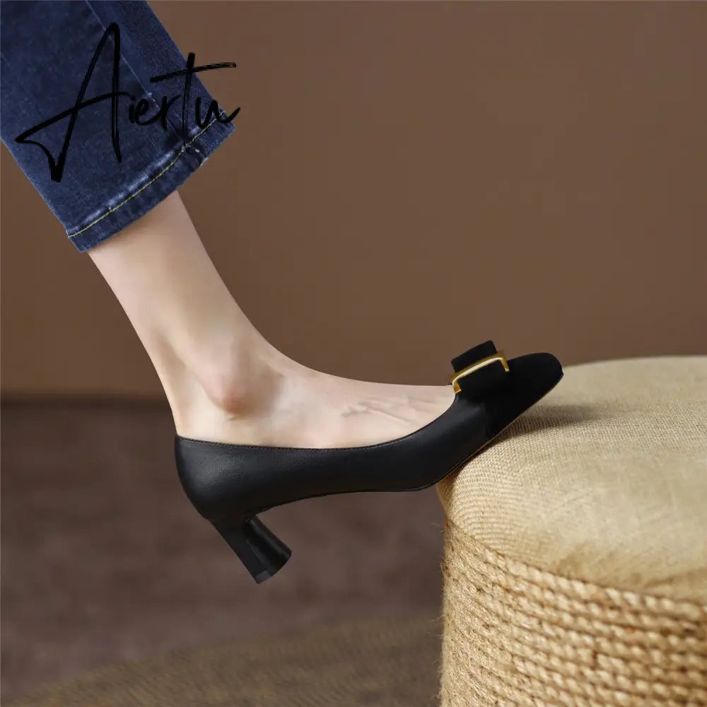 Pumps Shoes Women Mid Heel Spring Sheepskin Square Toe Thin Heel Metal Decoration Party Black Handmade Shoe Big Size 42 Aiertu
