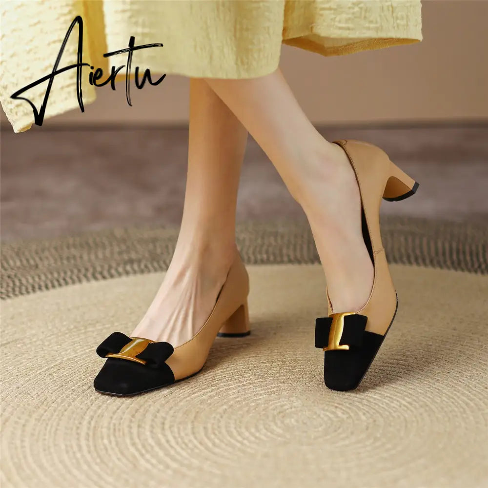 Pumps Shoes Women Mid Heel Spring Sheepskin Square Toe Thin Heel Metal Decoration Party Black Handmade Shoe Big Size 42 Aiertu