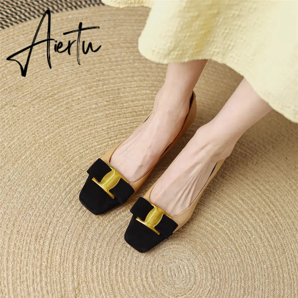 Pumps Shoes Women Mid Heel Spring Sheepskin Square Toe Thin Heel Metal Decoration Party Black Handmade Shoe Big Size 42 Aiertu
