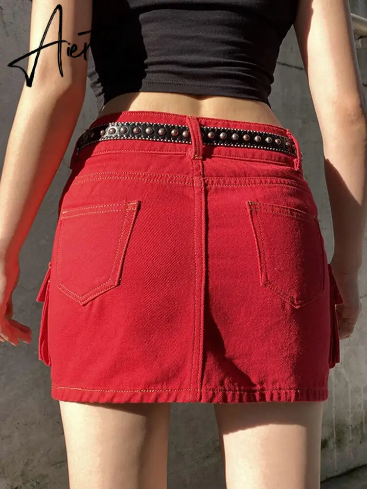 Punk Denim Skirt Women Streetwear Low Rise Pocket Patchwork Mini Wrap Cargo Skirts Y2k Aesthetic Jean Bottoms Goth Style Aiertu