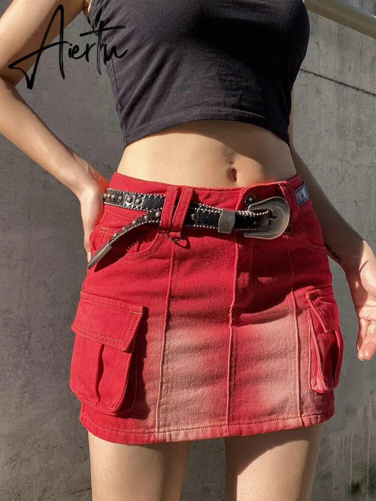 Punk Denim Skirt Women Streetwear Low Rise Pocket Patchwork Mini Wrap Cargo Skirts Y2k Aesthetic Jean Bottoms Goth Style Aiertu