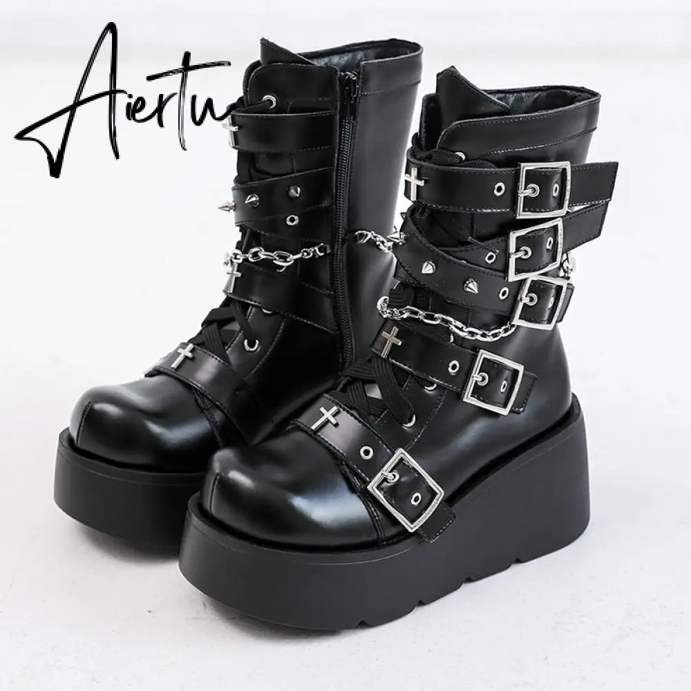 Punk Metal Buckle Platfom Ankle Boots Women Autumn PU Leather Chunky Heels Gothic Shoes Woman Thick Bottom Motorcycle Botas Aiertu