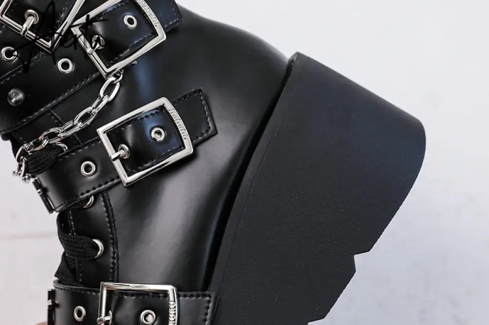 Punk Metal Buckle Platfom Ankle Boots Women Autumn PU Leather Chunky Heels Gothic Shoes Woman Thick Bottom Motorcycle Botas Aiertu