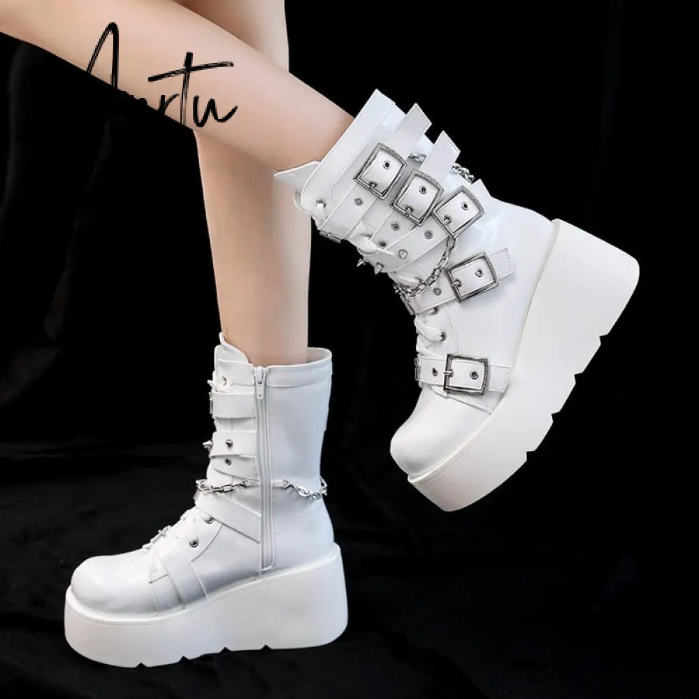 Punk Metal Buckle Platfom Ankle Boots Women Autumn PU Leather Chunky Heels Gothic Shoes Woman Thick Bottom Motorcycle Botas Aiertu