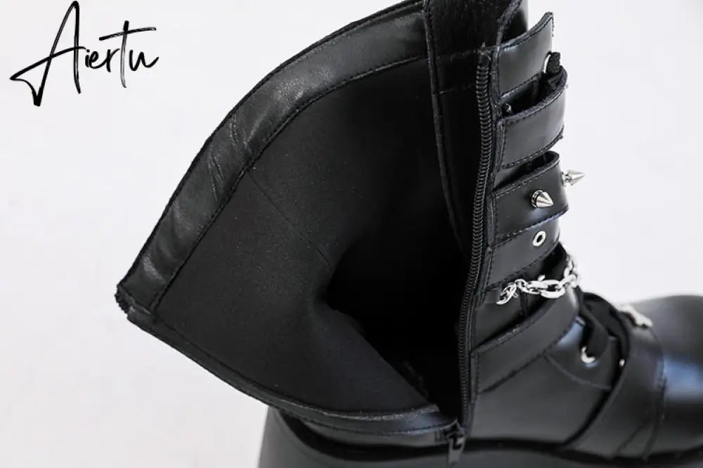Punk Metal Buckle Platfom Ankle Boots Women Autumn PU Leather Chunky Heels Gothic Shoes Woman Thick Bottom Motorcycle Botas Aiertu