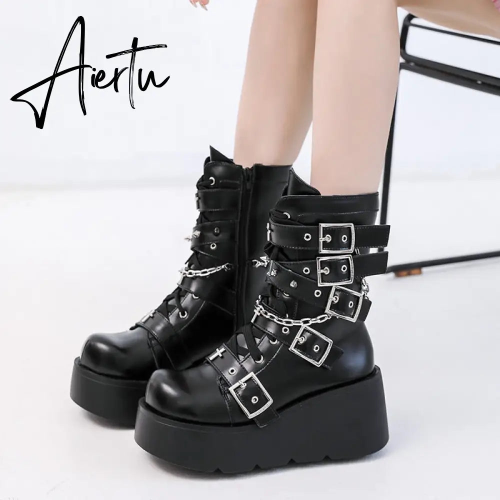 Punk Metal Buckle Platfom Ankle Boots Women Autumn PU Leather Chunky Heels Gothic Shoes Woman Thick Bottom Motorcycle Botas Aiertu
