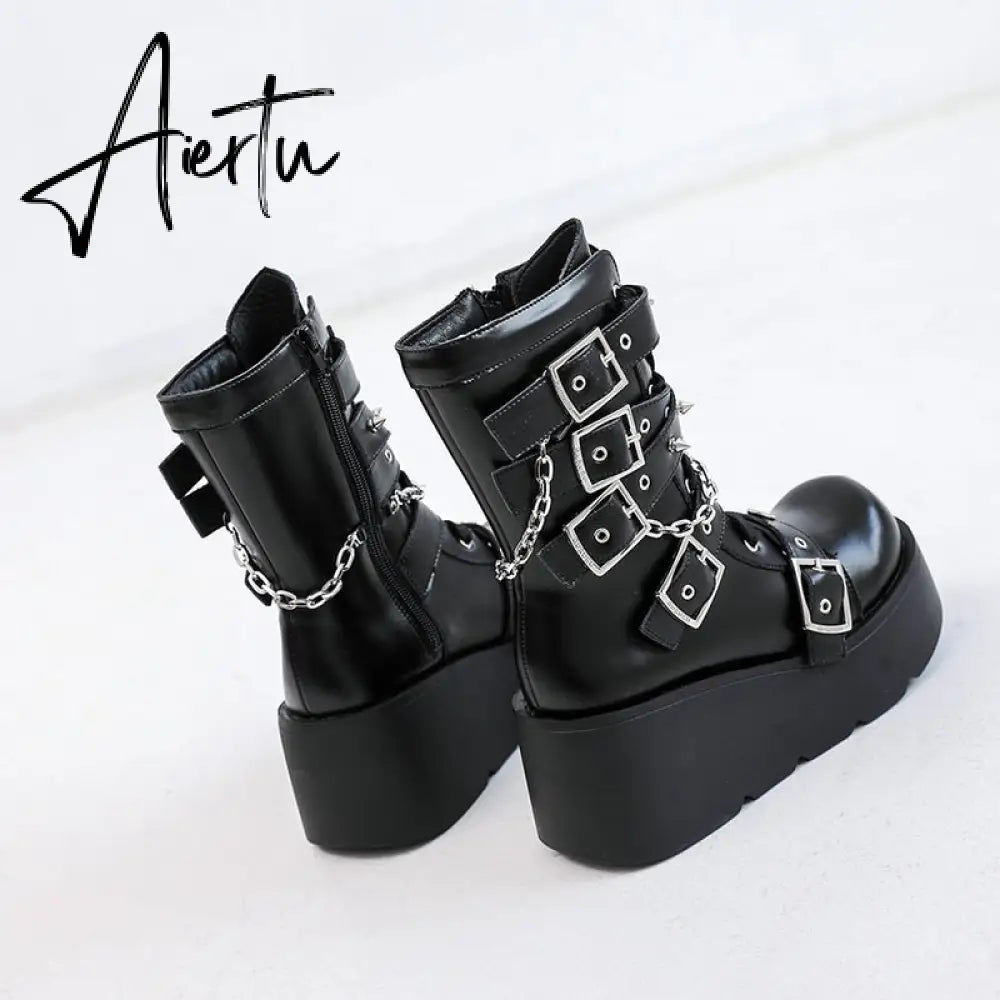 Punk Metal Buckle Platfom Ankle Boots Women Autumn PU Leather Chunky Heels Gothic Shoes Woman Thick Bottom Motorcycle Botas Aiertu