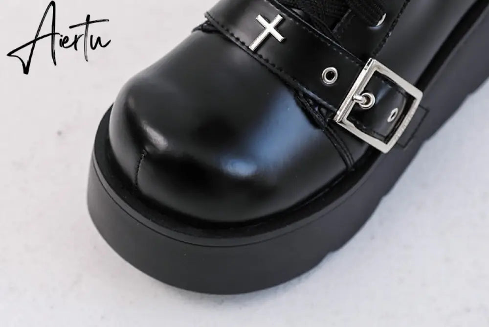 Punk Metal Buckle Platfom Ankle Boots Women Autumn PU Leather Chunky Heels Gothic Shoes Woman Thick Bottom Motorcycle Botas Aiertu
