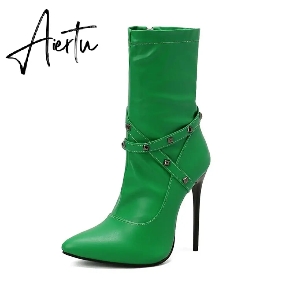 Punk Studs Sexy 12cm Stiletto Heels Boots Women Cross-band Pointy Toe Thin High Heeled Rose Red Green White Boot Zipper Aiertu