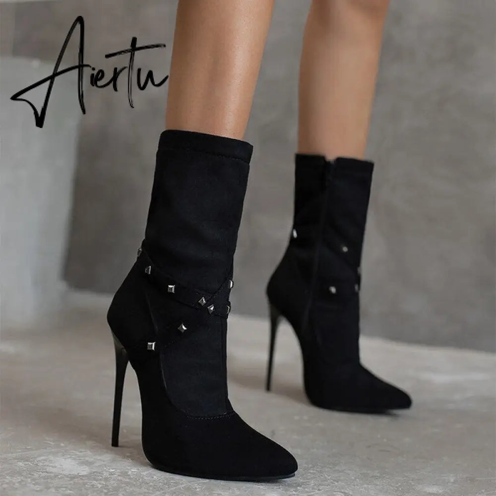 Punk Studs Sexy 12cm Stiletto Heels Boots Women Cross-band Pointy Toe Thin High Heeled Rose Red Green White Boot Zipper Aiertu