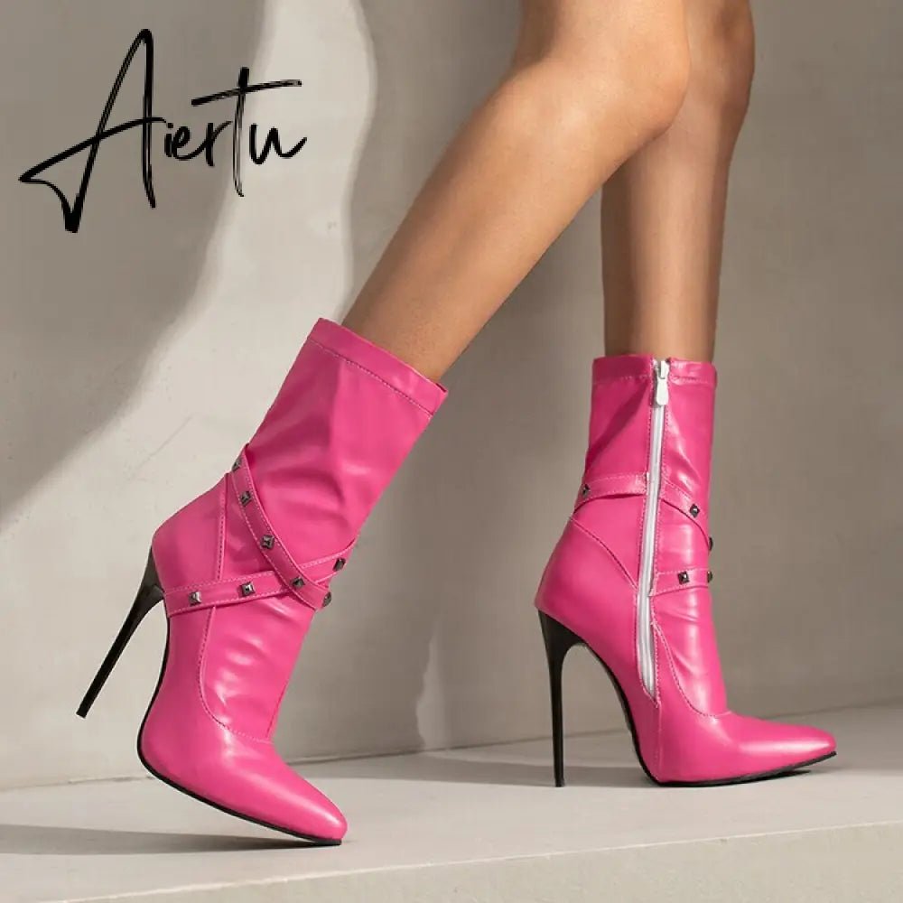 Punk Studs Sexy 12cm Stiletto Heels Boots Women Cross-band Pointy Toe Thin High Heeled Rose Red Green White Boot Zipper Aiertu