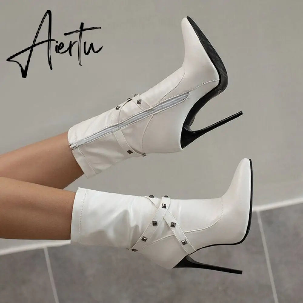 Punk Studs Sexy 12cm Stiletto Heels Boots Women Cross-band Pointy Toe Thin High Heeled Rose Red Green White Boot Zipper Aiertu