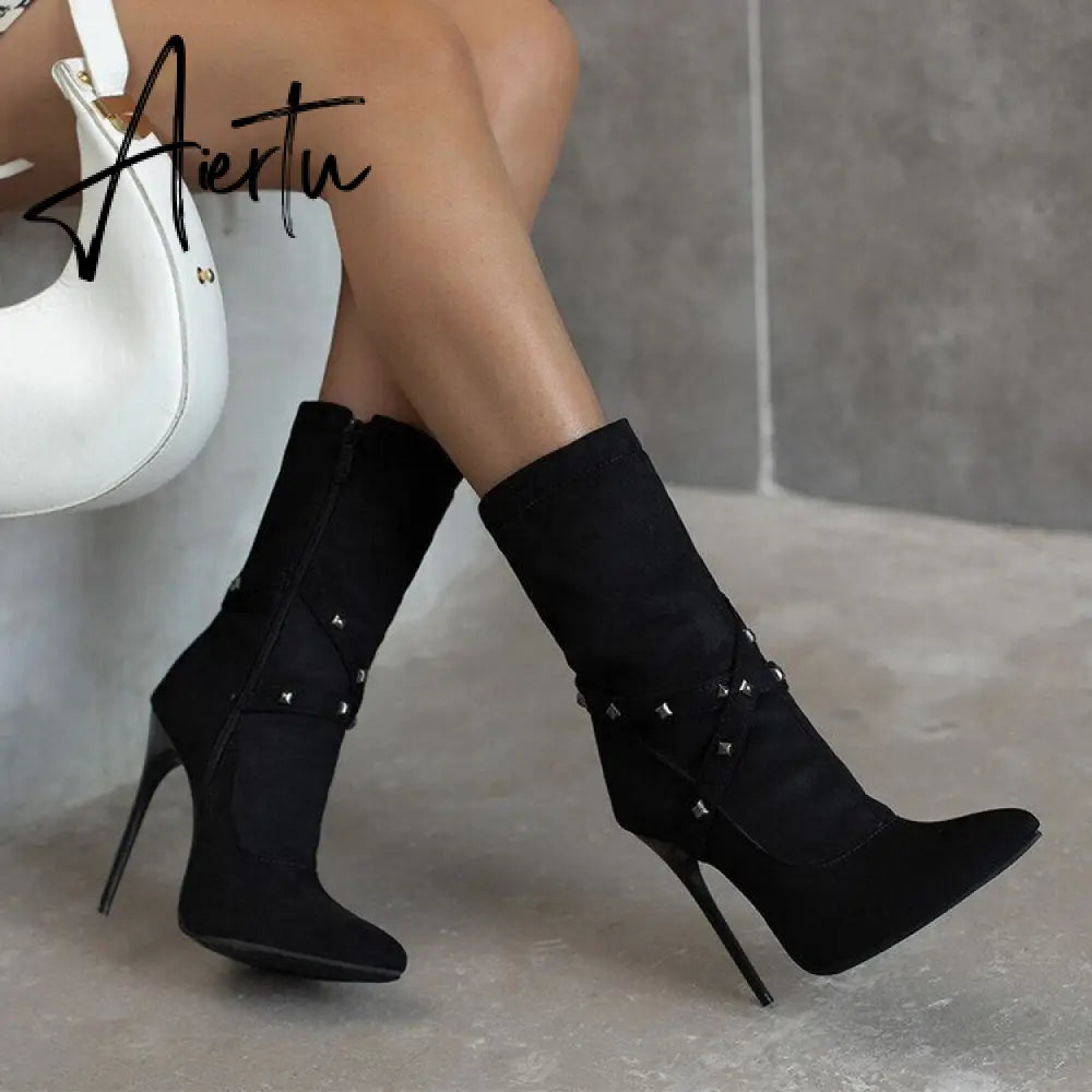 Punk Studs Sexy 12cm Stiletto Heels Boots Women Cross-band Pointy Toe Thin High Heeled Rose Red Green White Boot Zipper Aiertu