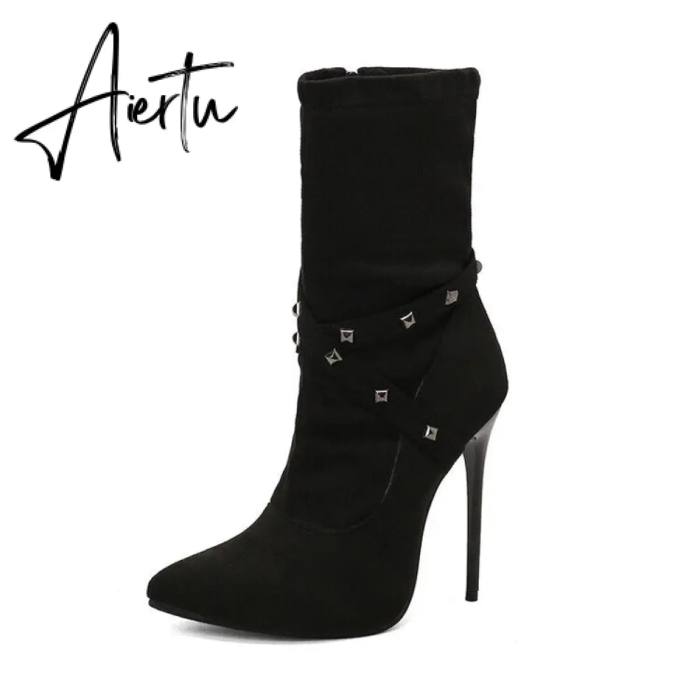 Punk Studs Sexy 12cm Stiletto Heels Boots Women Cross-band Pointy Toe Thin High Heeled Rose Red Green White Boot Zipper Aiertu
