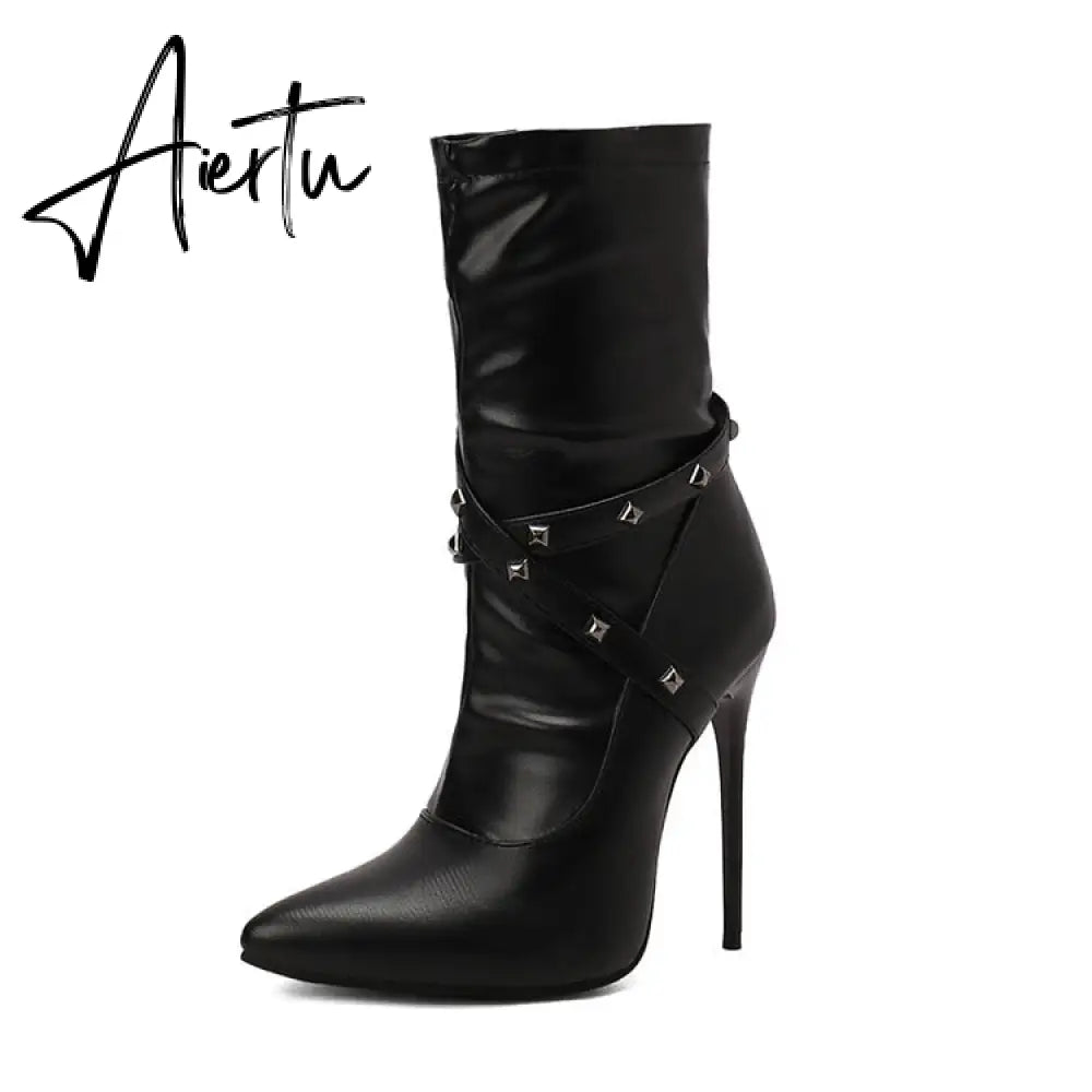 Punk Studs Sexy 12cm Stiletto Heels Boots Women Cross-band Pointy Toe Thin High Heeled Rose Red Green White Boot Zipper Aiertu