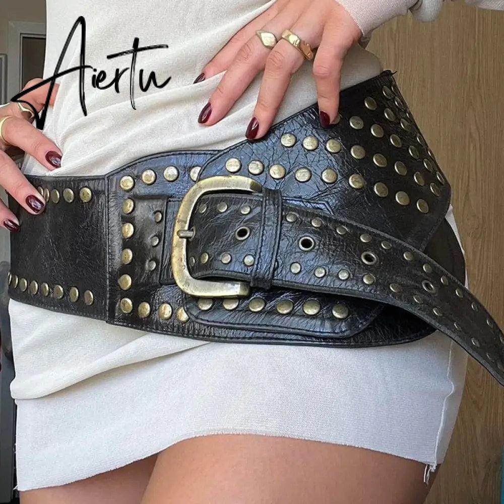 Punk Style Asymmetric Belt Chic Rivet Stitched Leather Belt for Women Gothic Streetwear PU Waistband Harajuku Aesthetic Aiertu