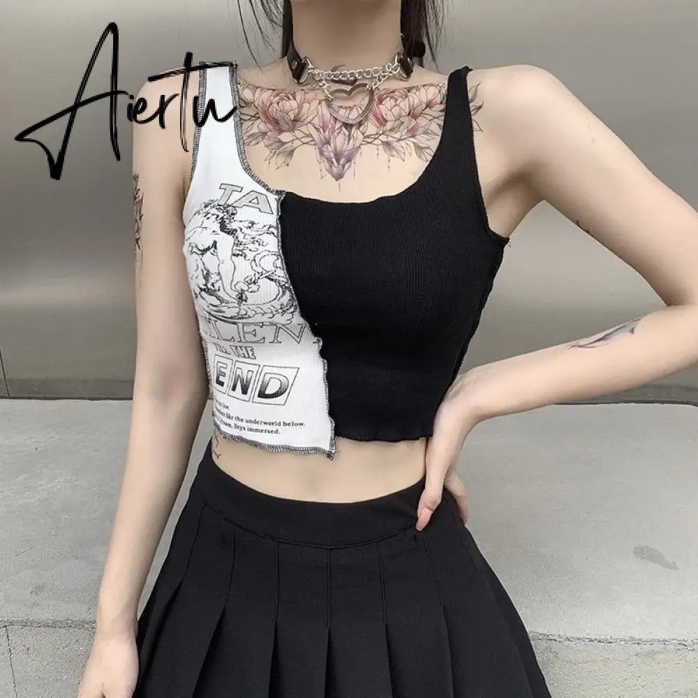 Punk Style Patchwork Tank Tops Aesthetic Letter And Graphic Print Women Crop Top Color Blocking Sleeveless Streetwear Aiertu