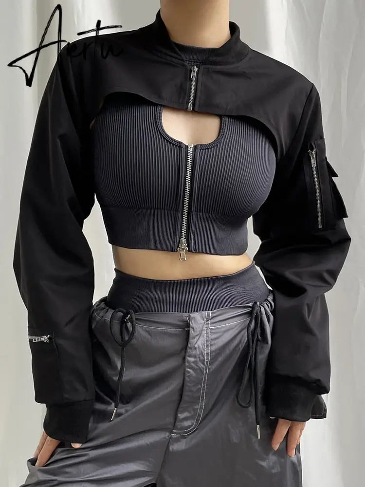 Punk Style Super Cropped Jacket Zip Up Pocket Patchwork Cargo Jackets Women Outfits Streetwear Black Coat Korean Fashion Aiertu