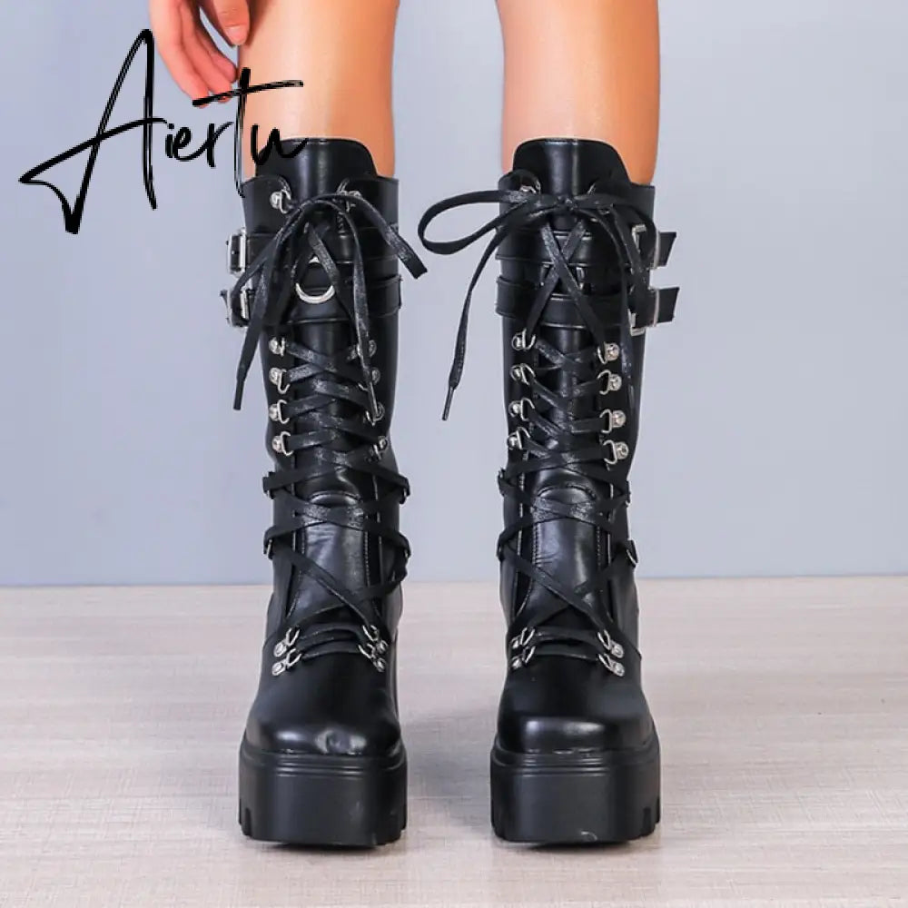 Punk Thick Platform Long Boots Women Autumn Metal Buckle Pu Leather Boots Shoes Woman Chunky Heels Mid Calf Botas Mujer Aiertu