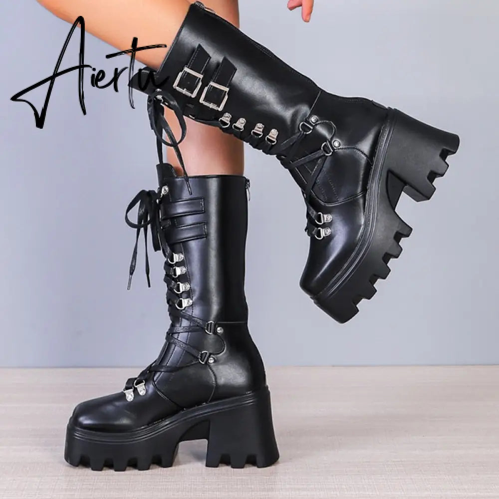 Punk Thick Platform Long Boots Women Autumn Metal Buckle Pu Leather Boots Shoes Woman Chunky Heels Mid Calf Botas Mujer Aiertu