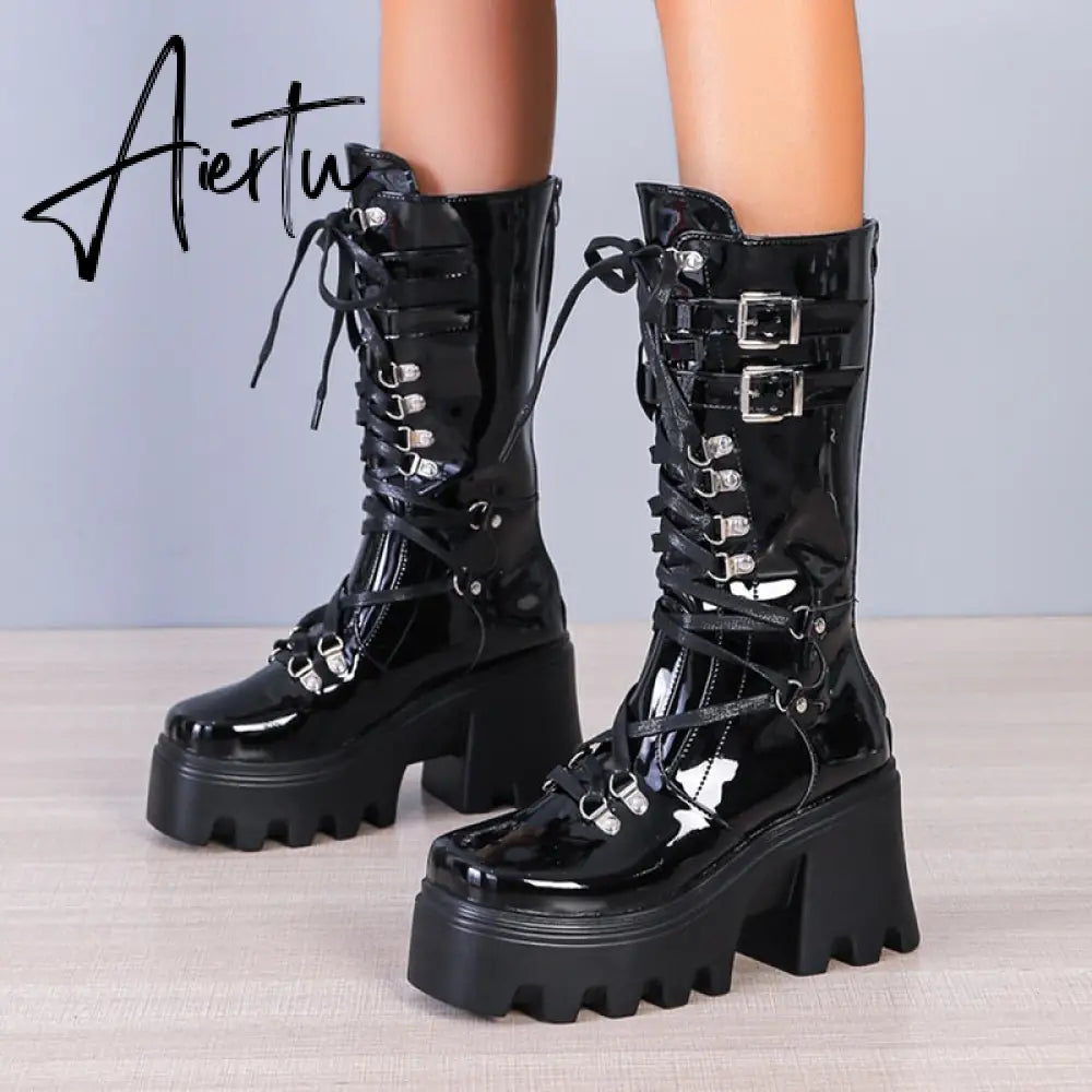 Punk Thick Platform Long Boots Women Autumn Metal Buckle Pu Leather Boots Shoes Woman Chunky Heels Mid Calf Botas Mujer Aiertu