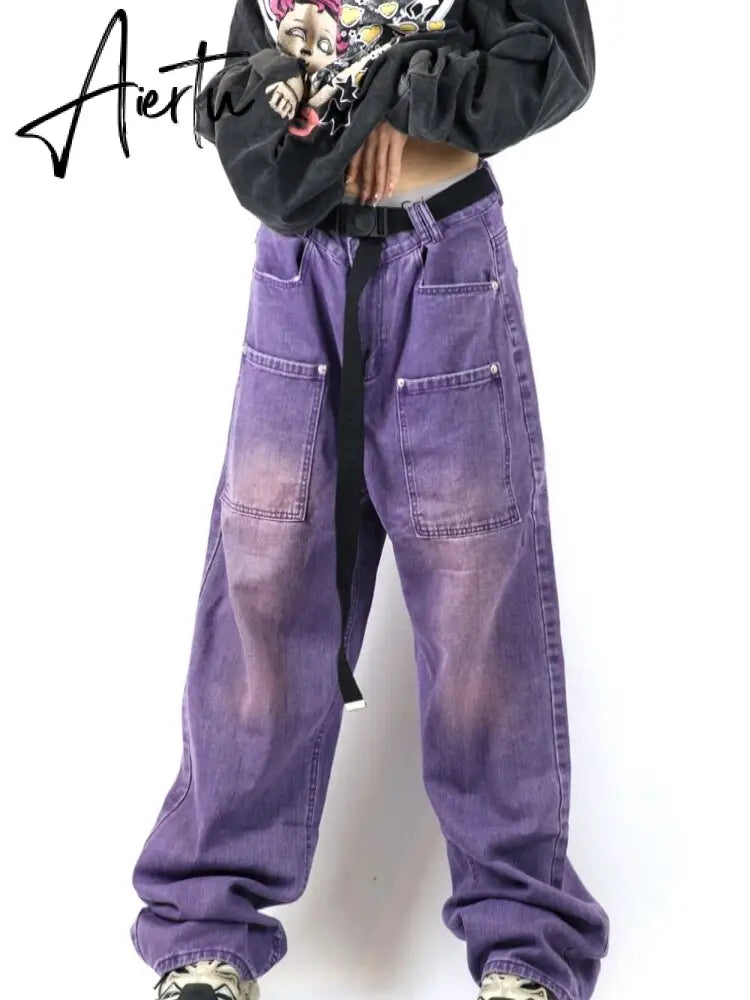 Purple Denim Trousers Alt Clothes Y2K Streetwear Harajuku High Waist Wide Leg Pants Women Men Vintage Pockets Baggy Cargo Jeans Aiertu