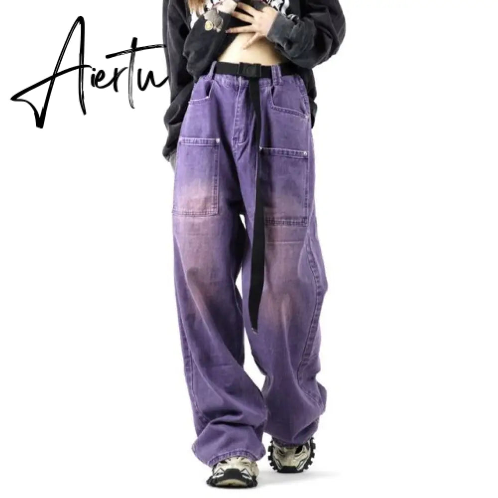 Purple Denim Trousers Alt Clothes Y2K Streetwear Harajuku High Waist Wide Leg Pants Women Men Vintage Pockets Baggy Cargo Jeans Aiertu