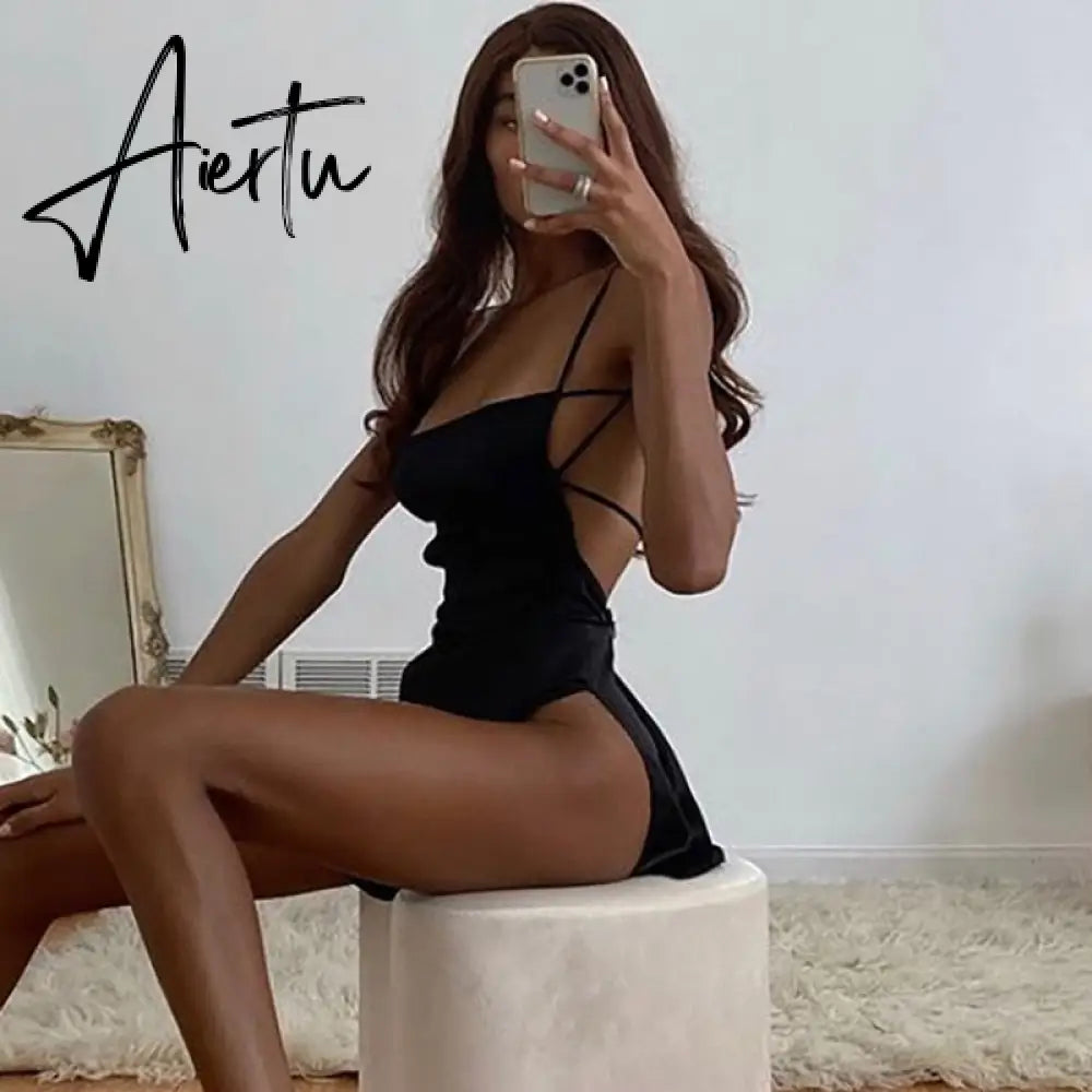 Rayon Suspender Dresses For Women Summer Sexy Backless Party Club Mini Slit Dress Adjustable Streetwears Aiertu