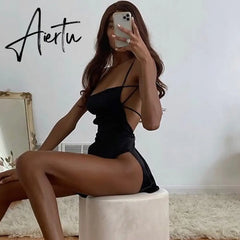 Rayon Suspender Dresses For Women Summer Sexy Backless Party Club Mini Slit Dress Adjustable Streetwears Aiertu
