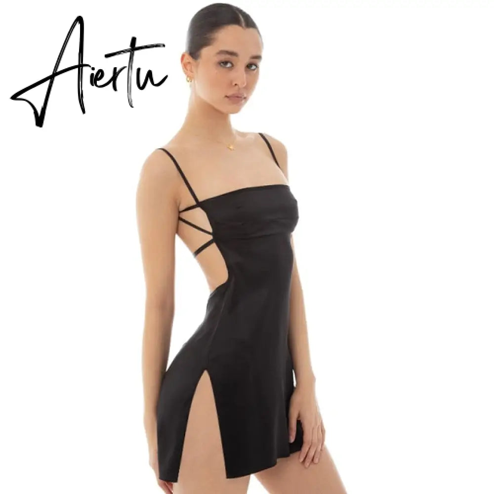 Rayon Suspender Dresses For Women Summer Sexy Backless Party Club Mini Slit Dress Adjustable Streetwears Aiertu