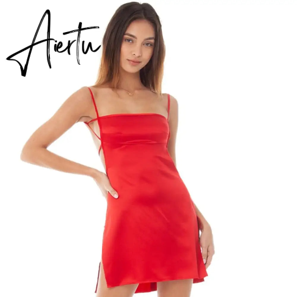 Rayon Suspender Dresses For Women Summer Sexy Backless Party Club Mini Slit Dress Adjustable Streetwears Aiertu
