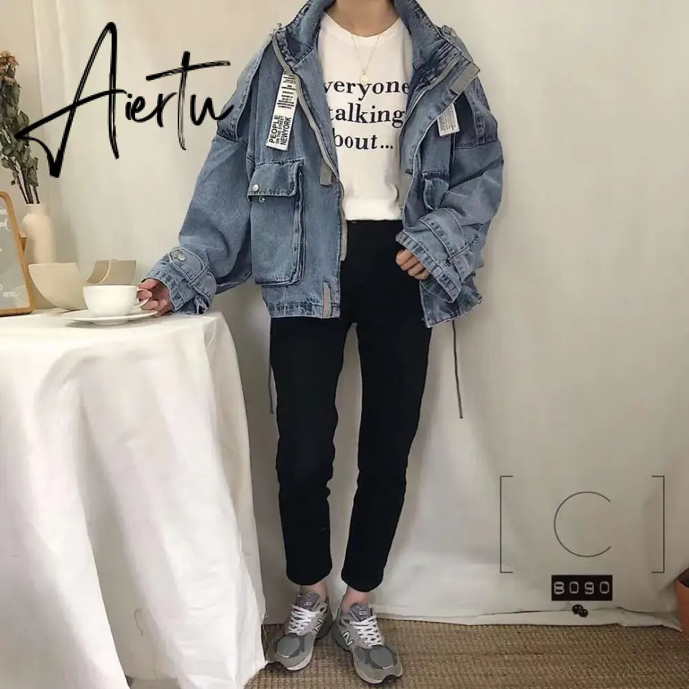 Retro Denim Coat for Women Short Loose Letter Student Harajuku Lady's Denim Jackets Hiphop Spring and Autumn Cowboy Old Outwear Aiertu