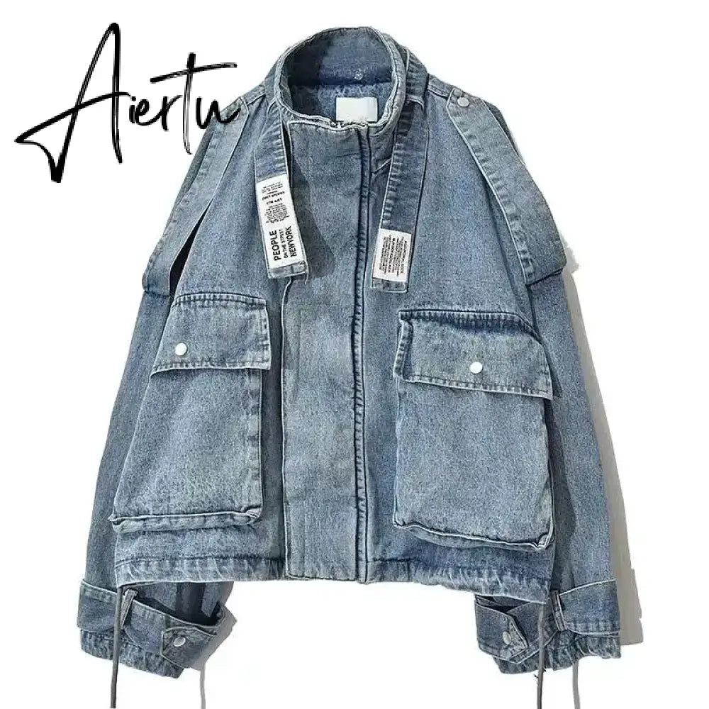 Retro Denim Coat for Women Short Loose Letter Student Harajuku Lady's Denim Jackets Hiphop Spring and Autumn Cowboy Old Outwear Aiertu