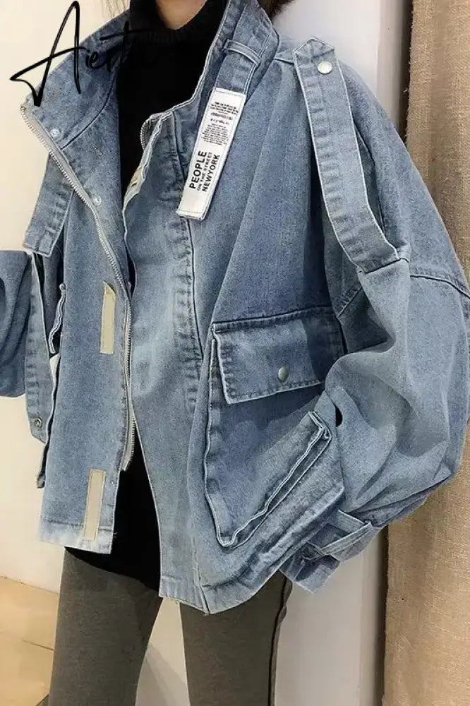 Retro Denim Coat for Women Short Loose Letter Student Harajuku Lady's Denim Jackets Hiphop Spring and Autumn Cowboy Old Outwear Aiertu