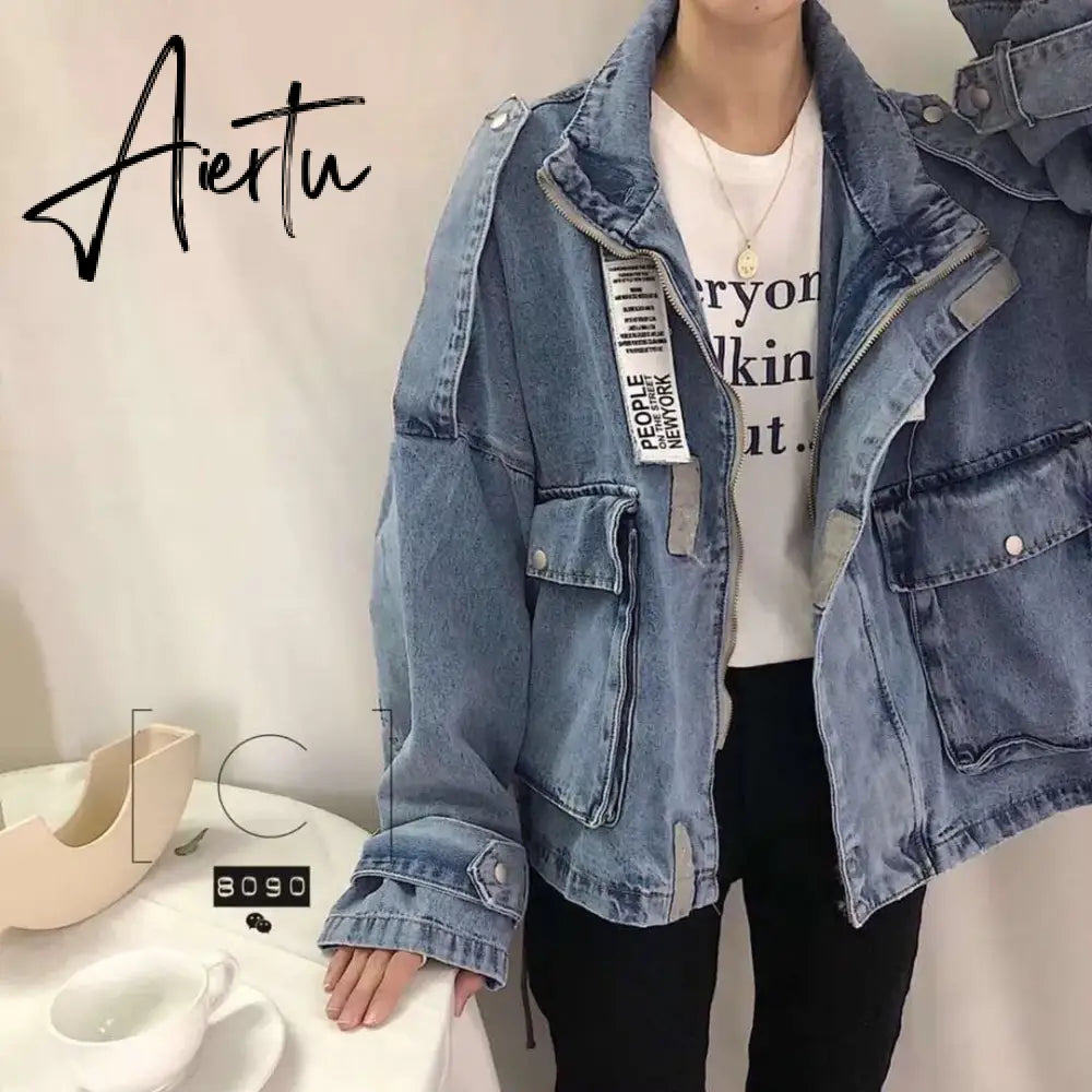 Retro Denim Coat for Women Short Loose Letter Student Harajuku Lady's Denim Jackets Hiphop Spring and Autumn Cowboy Old Outwear Aiertu