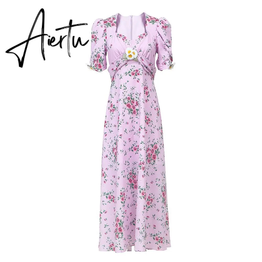 Retro Palace Pink Daisy Print Silk Party Dress Puff Sleeve Female Elegant Maxi Dresses Beach Women Square Collar Holiday Robe Aiertu