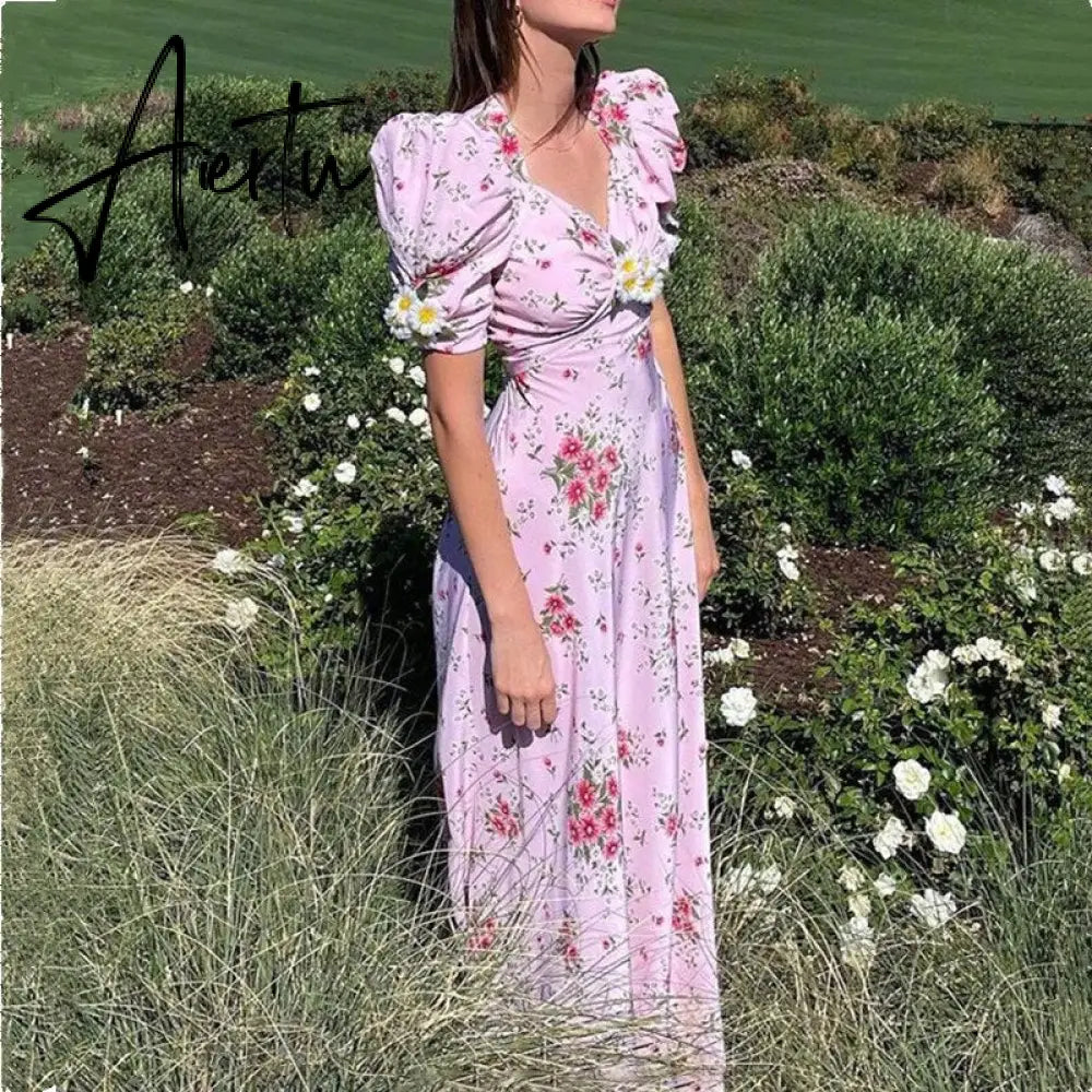 Retro Palace Pink Daisy Print Silk Party Dress Puff Sleeve Female Elegant Maxi Dresses Beach Women Square Collar Holiday Robe Aiertu