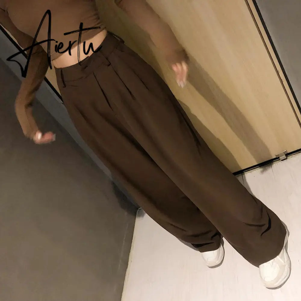 Retro Solid Color Wild Straight Wide Leg Pants Female Spring New Korean Fashion High Waist Casual Long Pants Aiertu