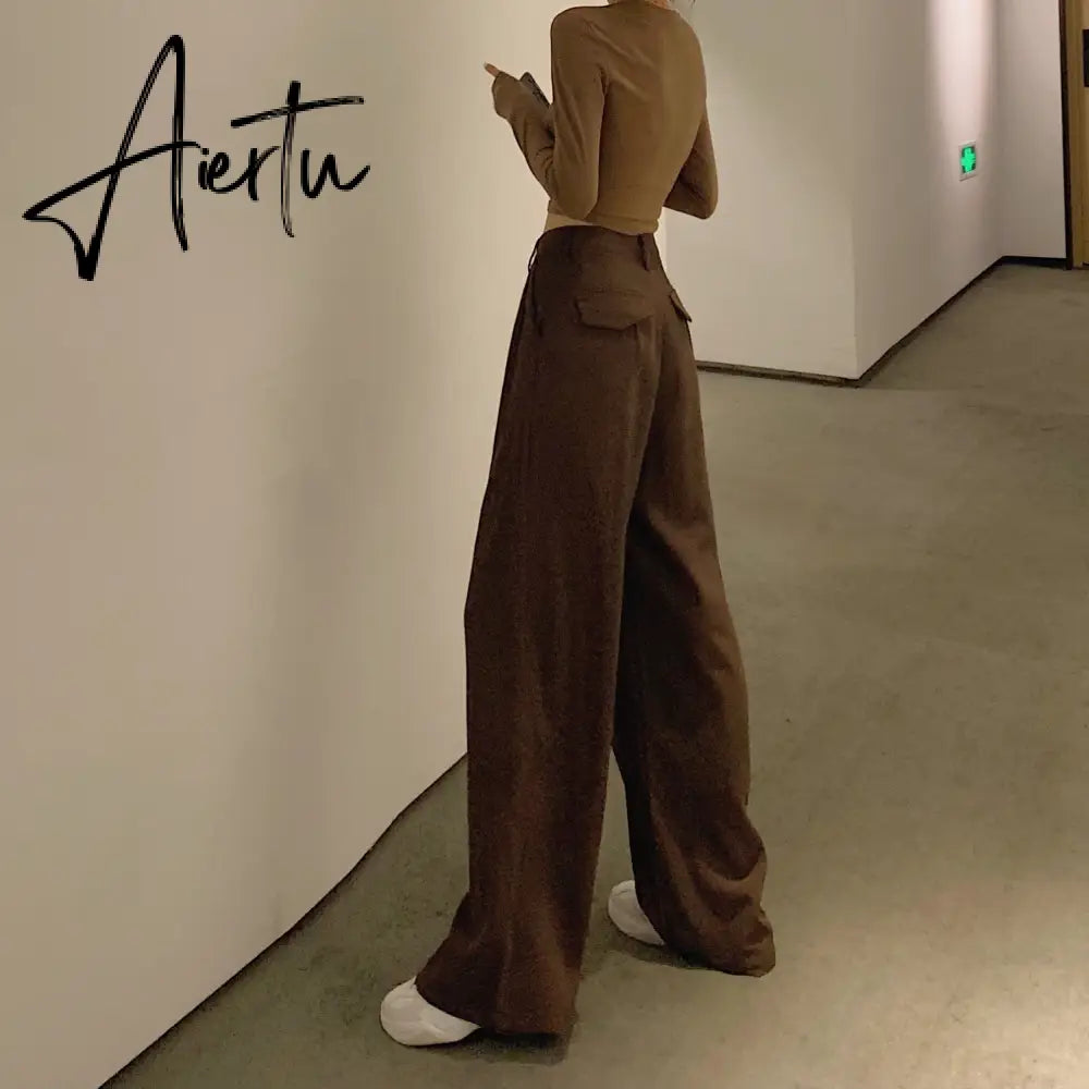 Retro Solid Color Wild Straight Wide Leg Pants Female Spring New Korean Fashion High Waist Casual Long Pants Aiertu