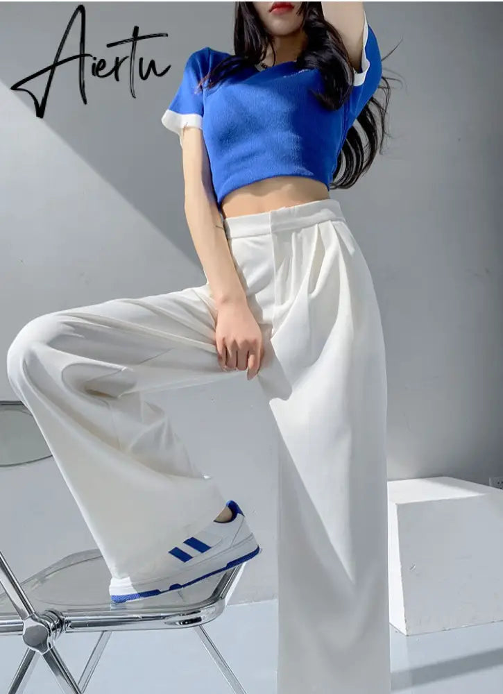Retro Solid Color Wild Straight Wide Leg Pants Female Spring New Korean Fashion High Waist Casual Long Pants Aiertu