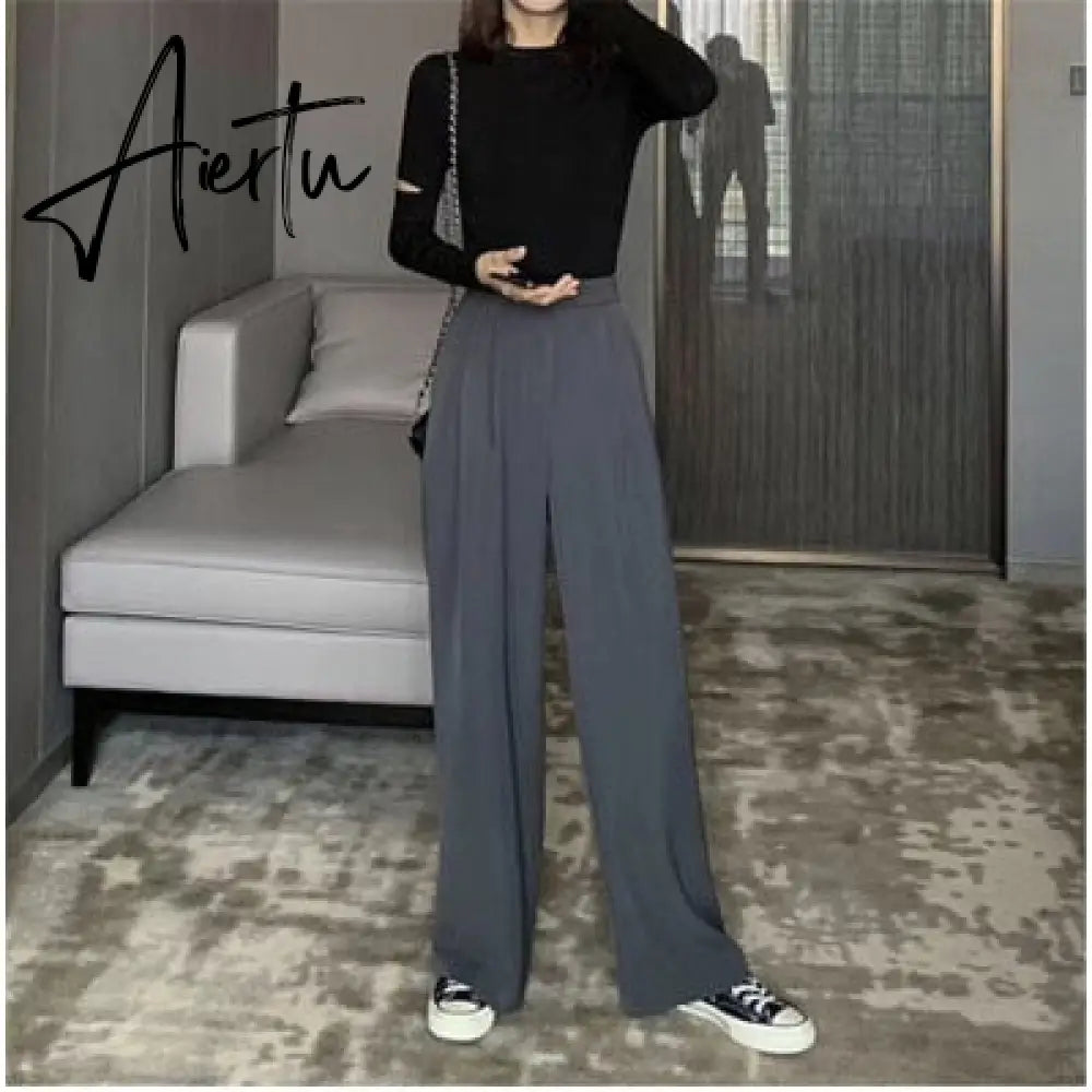 Retro Solid Color Wild Straight Wide Leg Pants Female Spring New Korean Fashion High Waist Casual Long Pants Aiertu