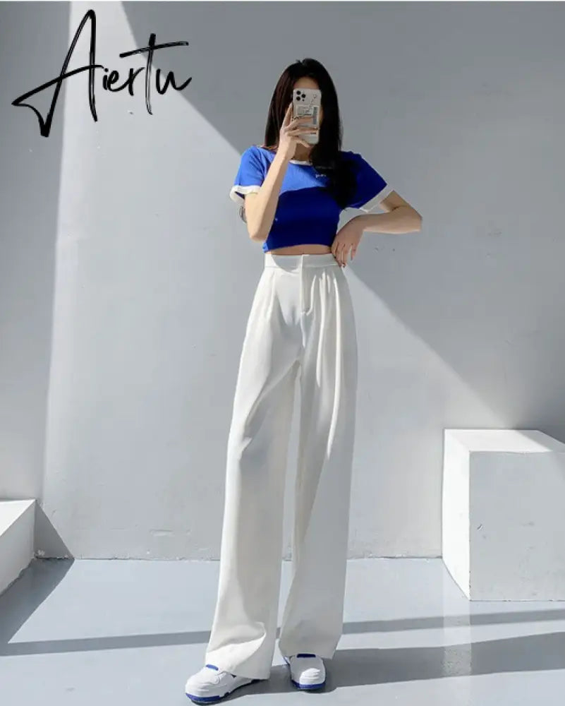 Retro Solid Color Wild Straight Wide Leg Pants Female Spring New Korean Fashion High Waist Casual Long Pants Aiertu
