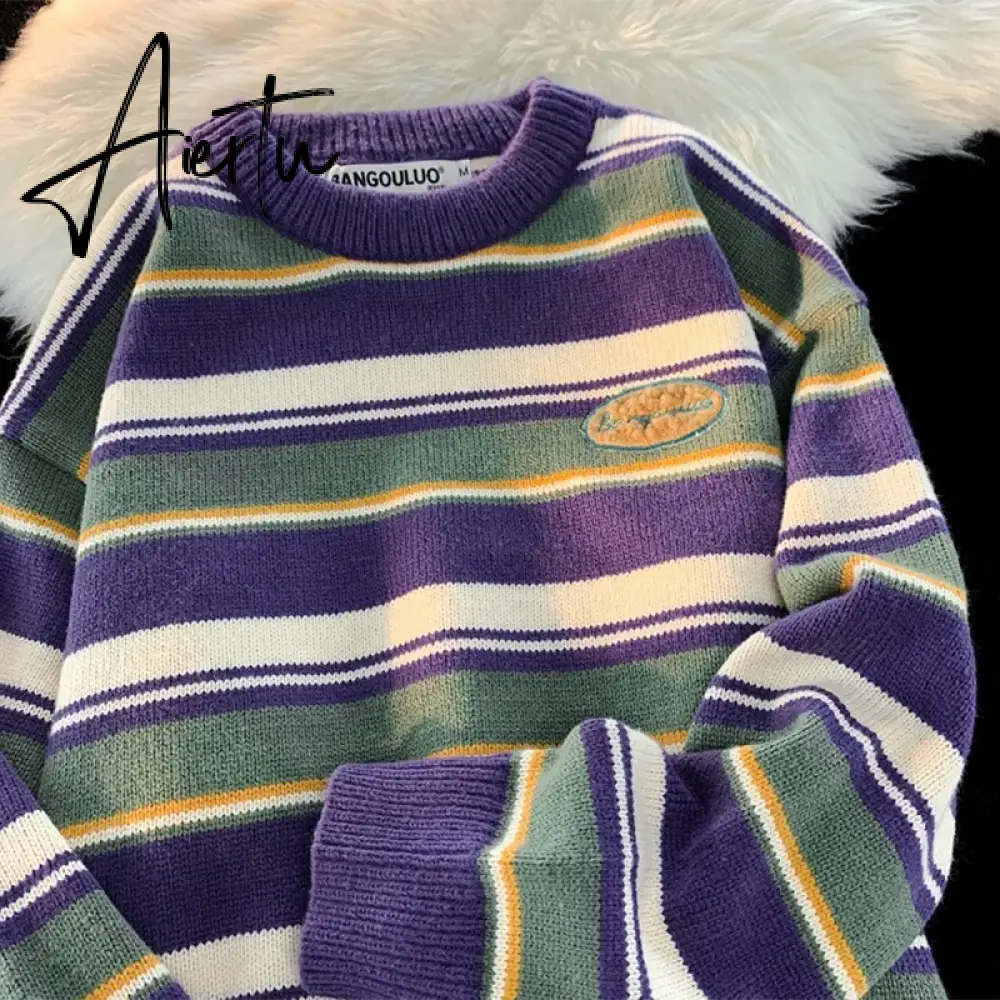 Retro Women Sweaters Winter Streetwear New Warm Knitted Tops Harajuku Hip Hop Loose Stripes Pullovers Couple Sweater Women Aiertu