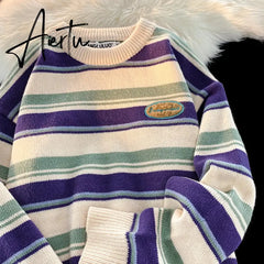 Retro Women Sweaters Winter Streetwear New Warm Knitted Tops Harajuku Hip Hop Loose Stripes Pullovers Couple Sweater Women Aiertu