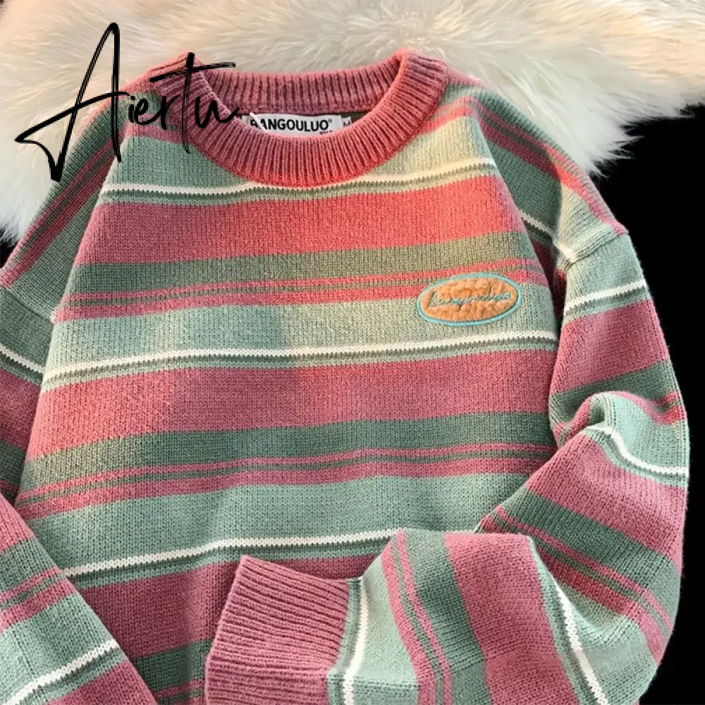 Retro Women Sweaters Winter Streetwear New Warm Knitted Tops Harajuku Hip Hop Loose Stripes Pullovers Couple Sweater Women Aiertu