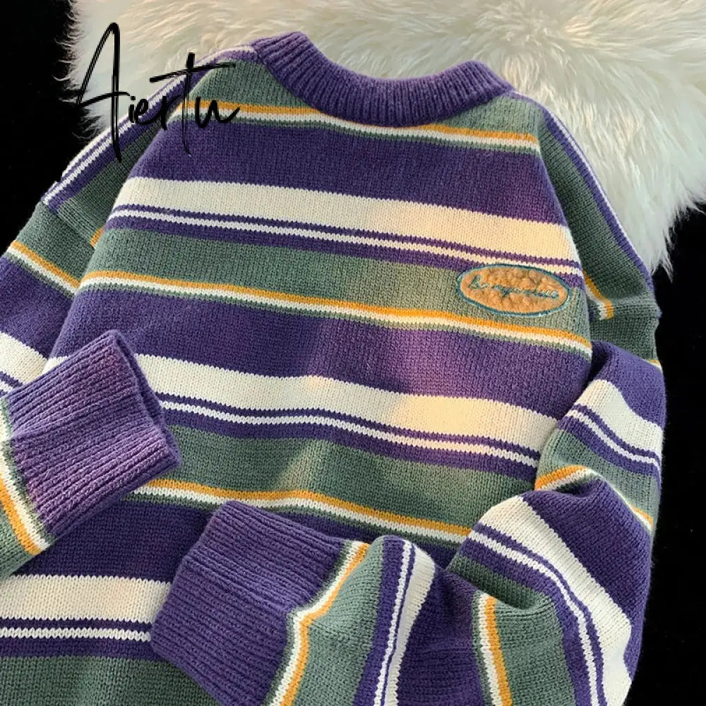 Retro Women Sweaters Winter Streetwear New Warm Knitted Tops Harajuku Hip Hop Loose Stripes Pullovers Couple Sweater Women Aiertu