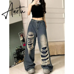 Ripped Baggy Jeans For Women Summer streetwear Fashion High Waist Boyfriend Jeans For Women Gothic Denim Pants Woman Aiertu