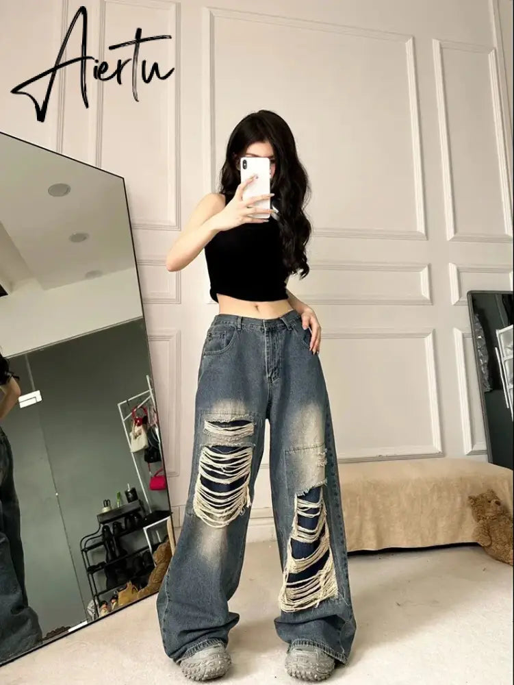 Ripped Baggy Jeans For Women Summer streetwear Fashion High Waist Boyfriend Jeans For Women Gothic Denim Pants Woman Aiertu