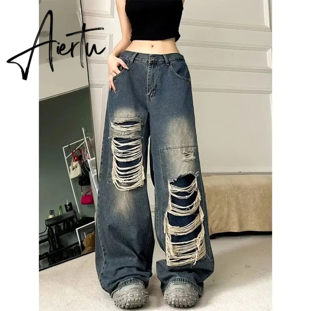 Ripped Baggy Jeans For Women Summer streetwear Fashion High Waist Boyfriend Jeans For Women Gothic Denim Pants Woman Aiertu