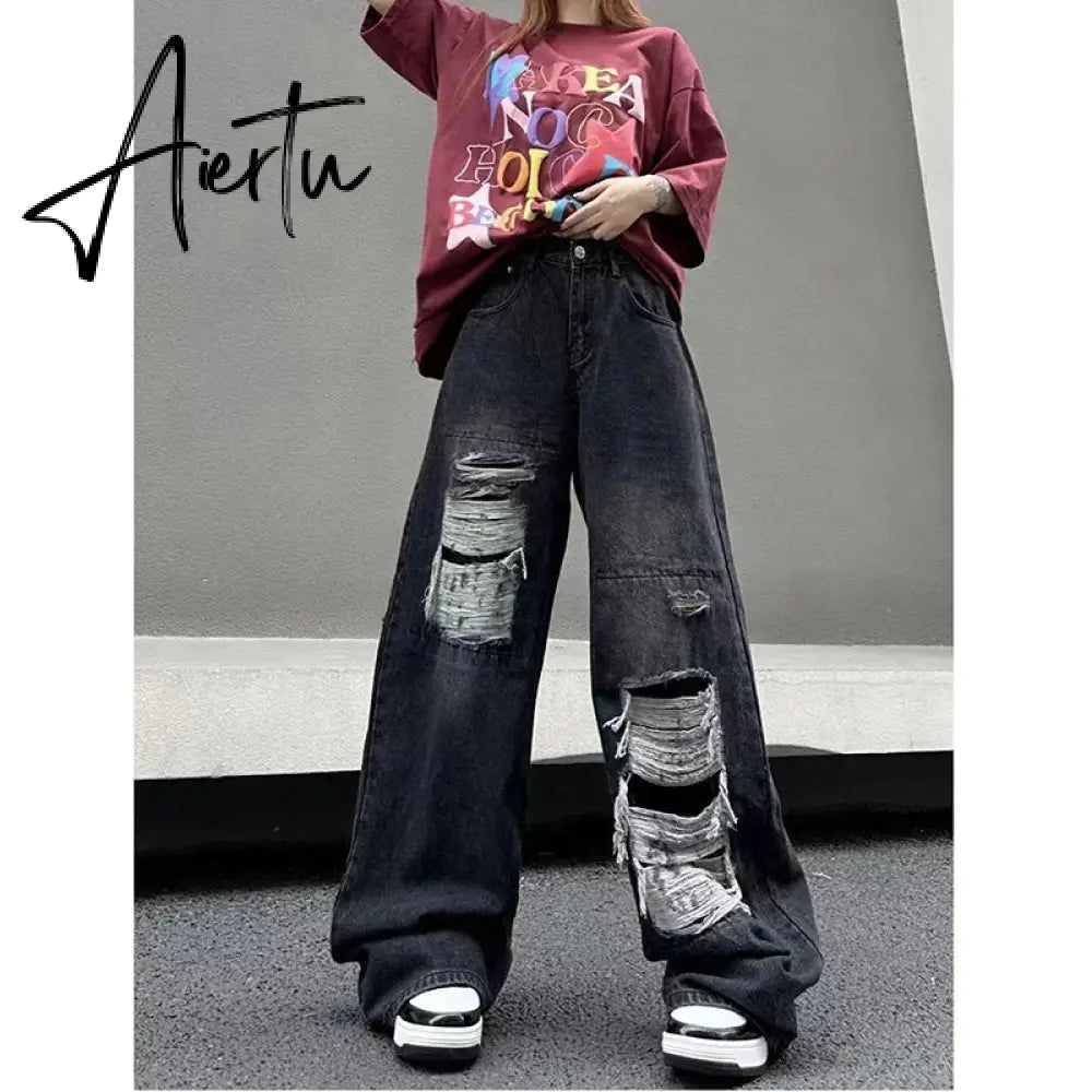 Ripped Baggy Jeans For Women Summer streetwear Fashion High Waist Boyfriend Jeans For Women Gothic Denim Pants Woman Aiertu